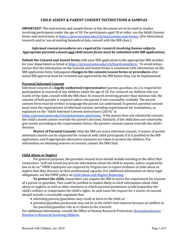 Child Assent  Parent Consent Instructions  Samples screenshot
