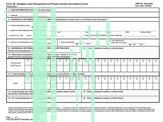 Form 2E Smallpox Case Household And Primary Contact Surveillance Form screenshot