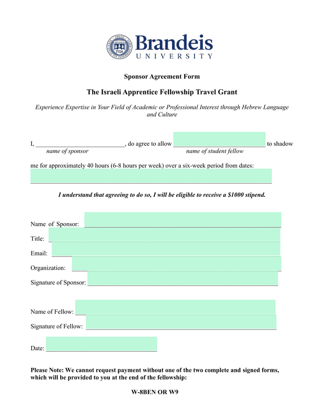 Sponsor Agreement Form The Israeli Apprentice Fellowship Travel Grant screenshot