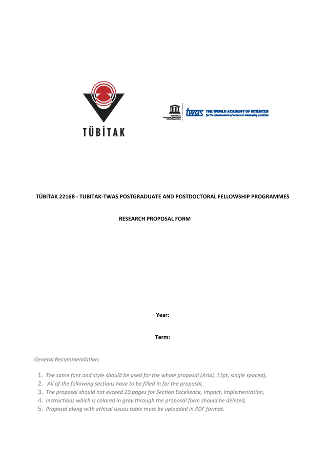 TBTAK 2216B   TUBITAK TWAS Postgraduate And Postdoctoral Fellowship Programmes Research Proposal For screenshot
