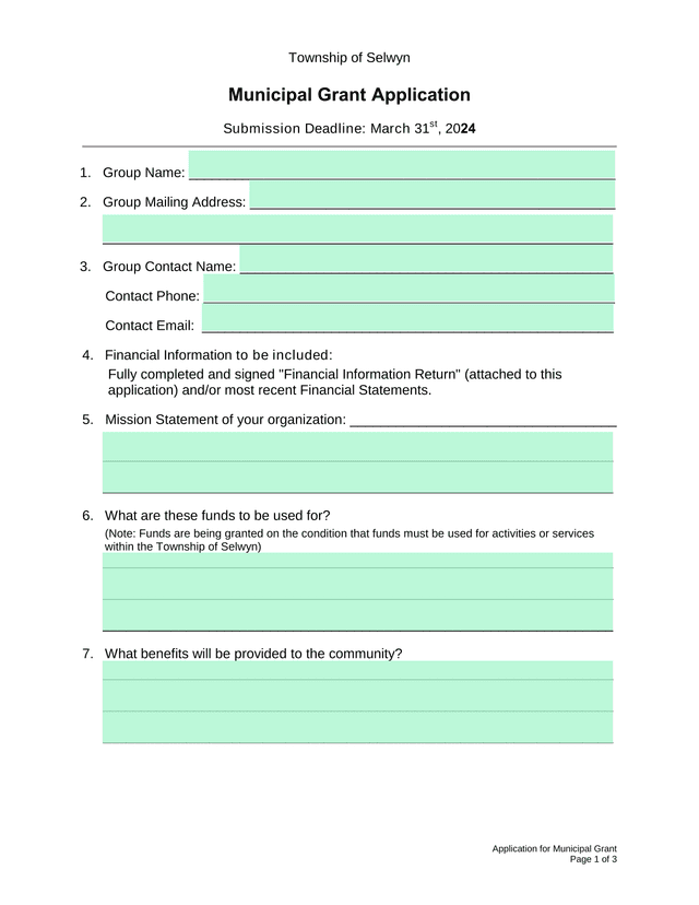 Municipal Grant Application screenshot