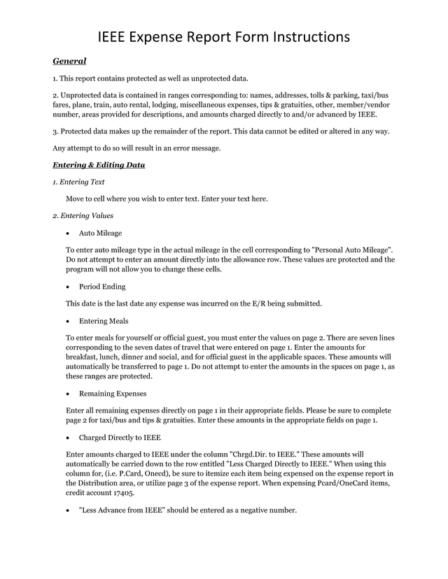 IEEE Expense Report Form Instructions screenshot