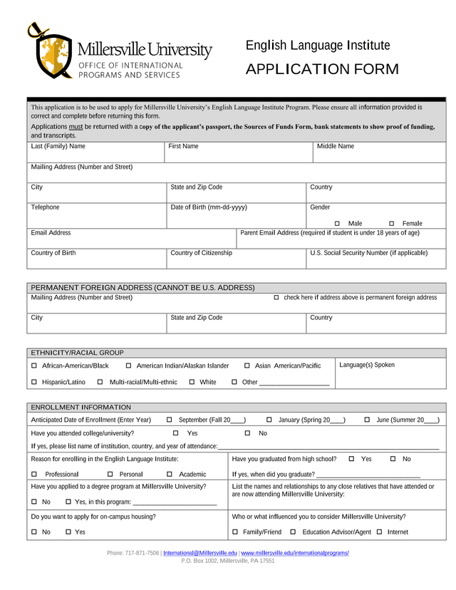 English Language Institute Application Form screenshot