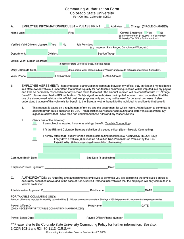 Commuting Authorization Form screenshot