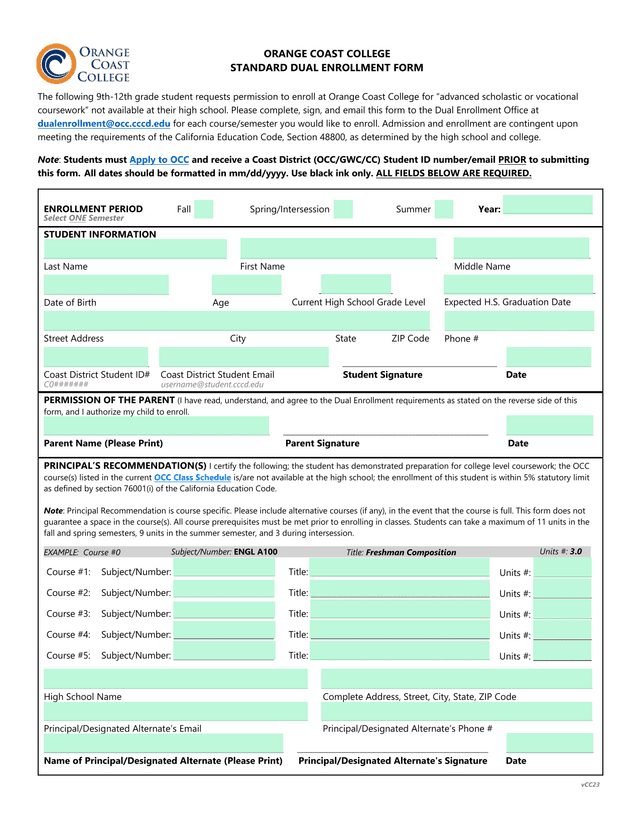 Orange Coast College Standard Dual Enrollment Form screenshot
