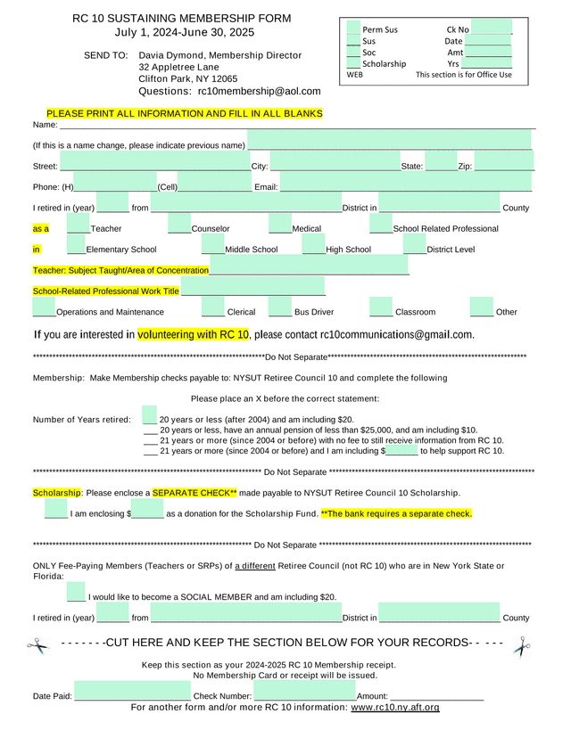 RC 10 SUSTAINING MEMBERSHIP FORM screenshot