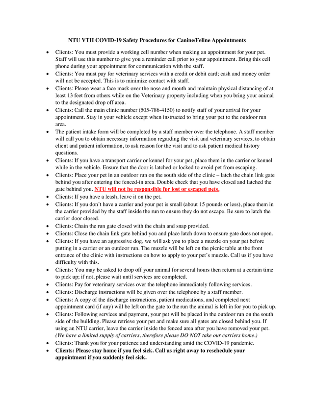 NTU VTH COVID 19 Safety Procedures For CanineFeline Appointments screenshot