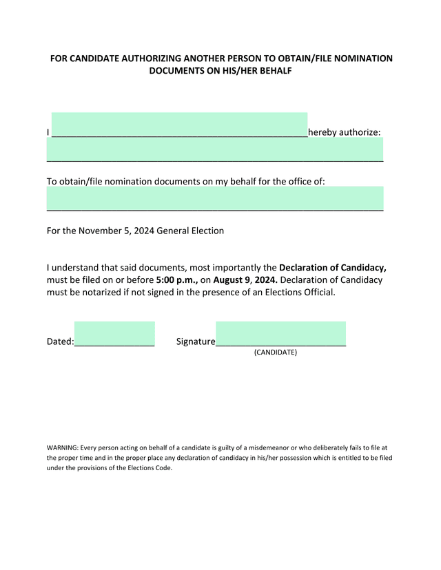 Authorization For Nomination Document Filing screenshot