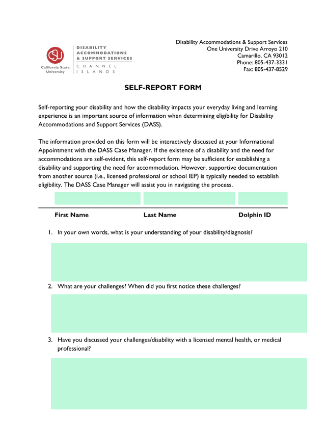 Self Report Form For Disability Accommodations  Support Services screenshot