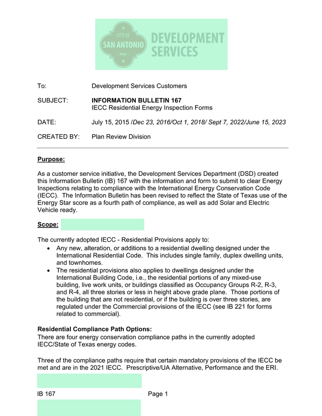 Information Bulletin 167 IECC Residential Energy Inspection Forms screenshot