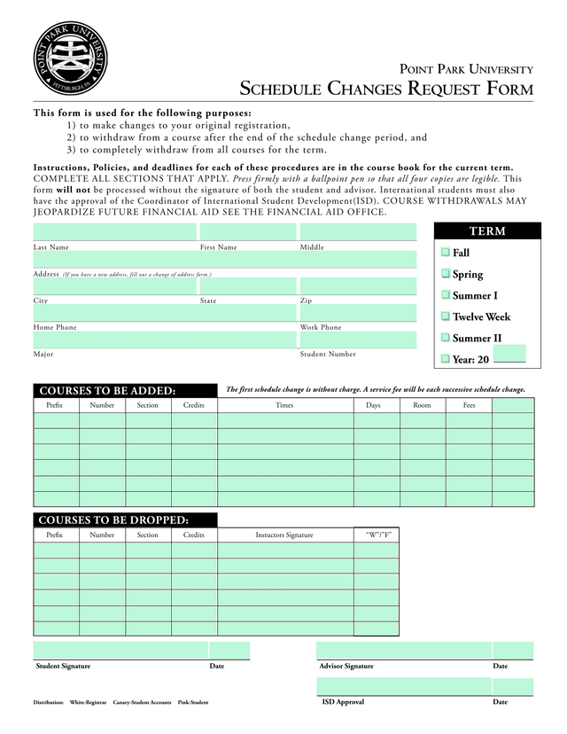 Schedule Changes Request Form screenshot