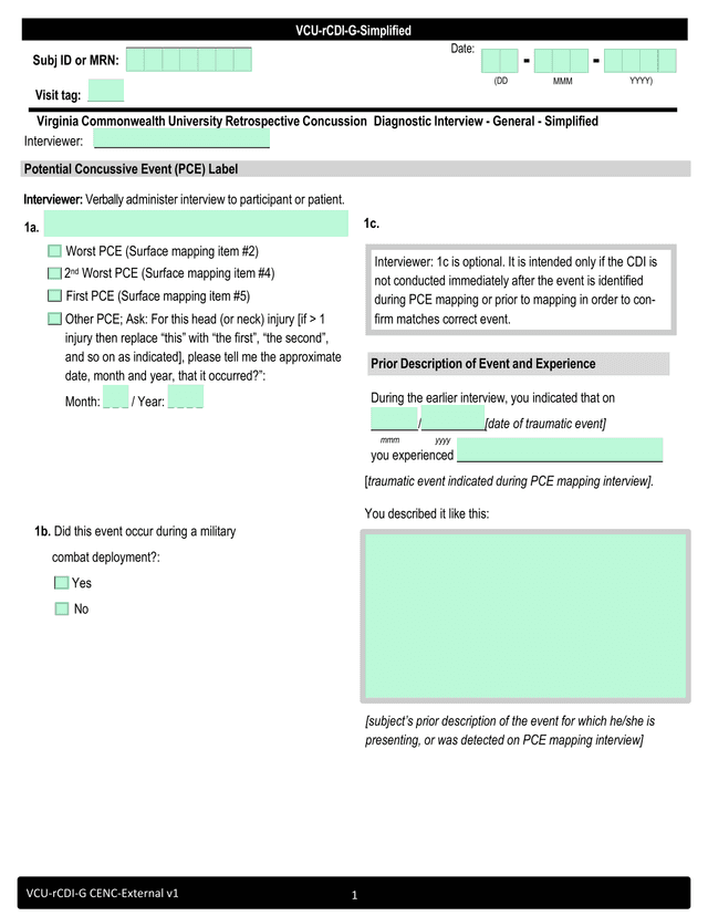 VCU RCDI G CENC External Concussion Diagnostic Interview screenshot