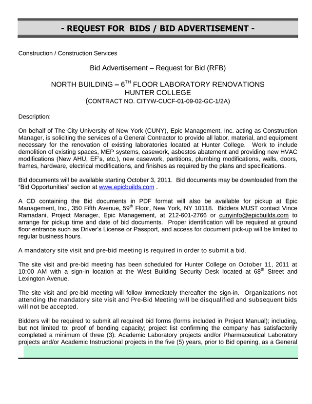 REQUEST FOR BIDS  BID ADVERTISEMENT   NORTH BUILDING  6TH FLOOR LABORATORY RENOVATIONS screenshot