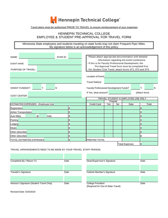 EMPLOYEE  STUDENT PRE APPROVAL FOR TRAVEL FORM screenshot