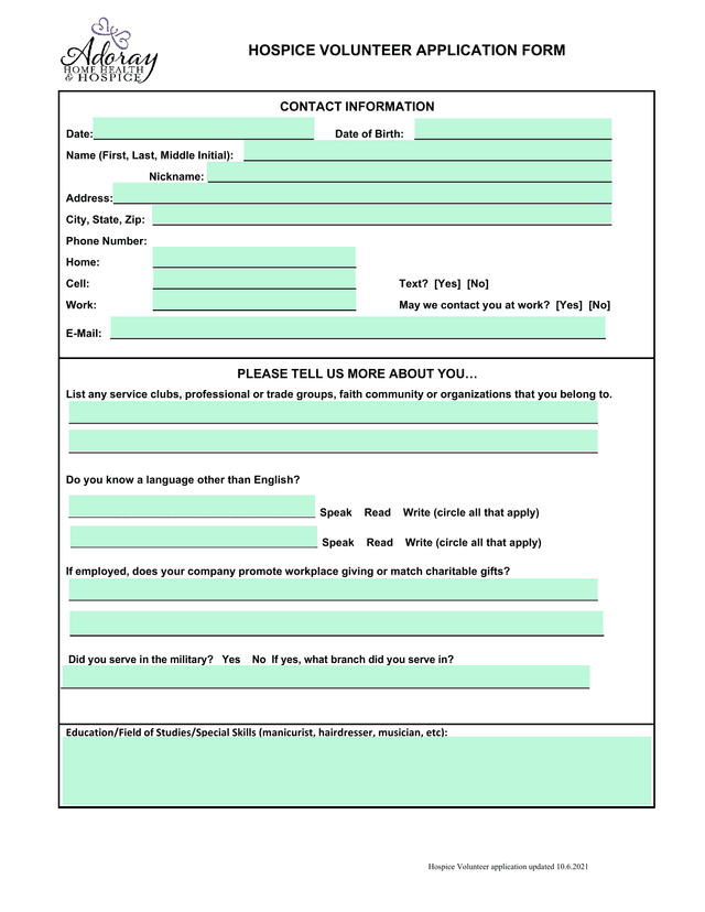 Hospice Volunteer Application Form screenshot