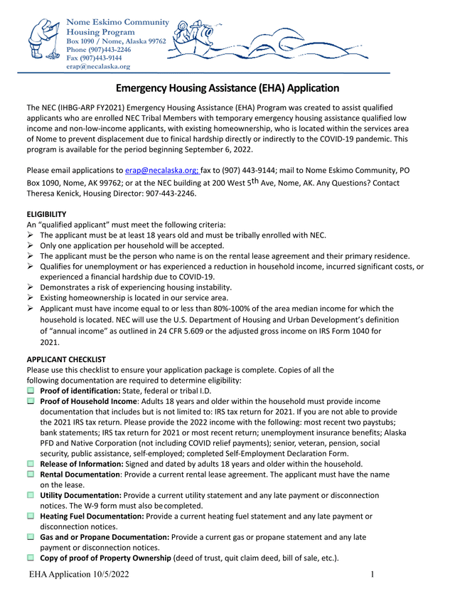Emergency Housing Assistance (EHA) Application screenshot