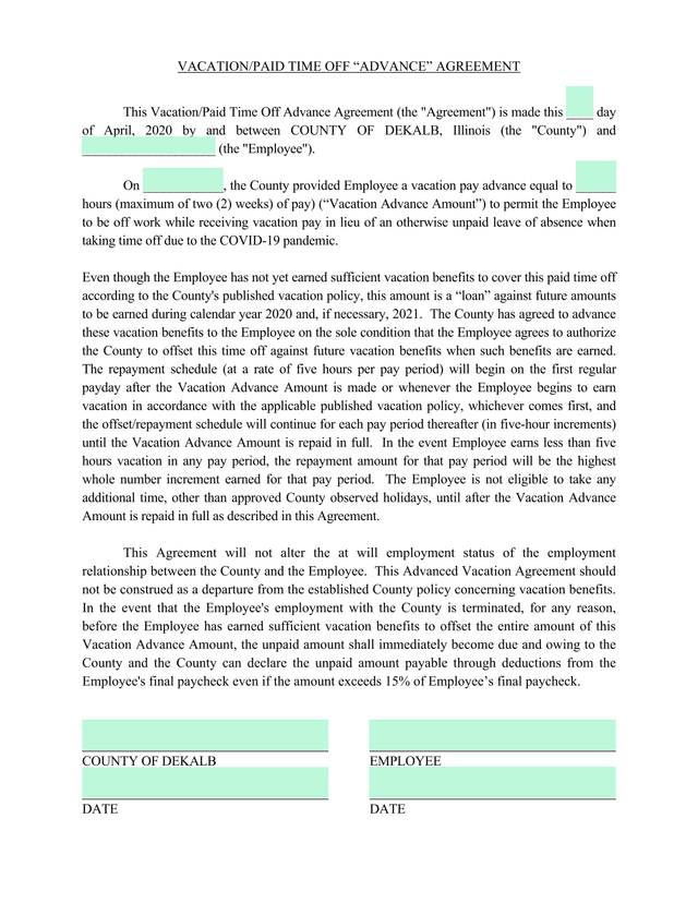 VacationPaid Time Off Advance Agreement screenshot