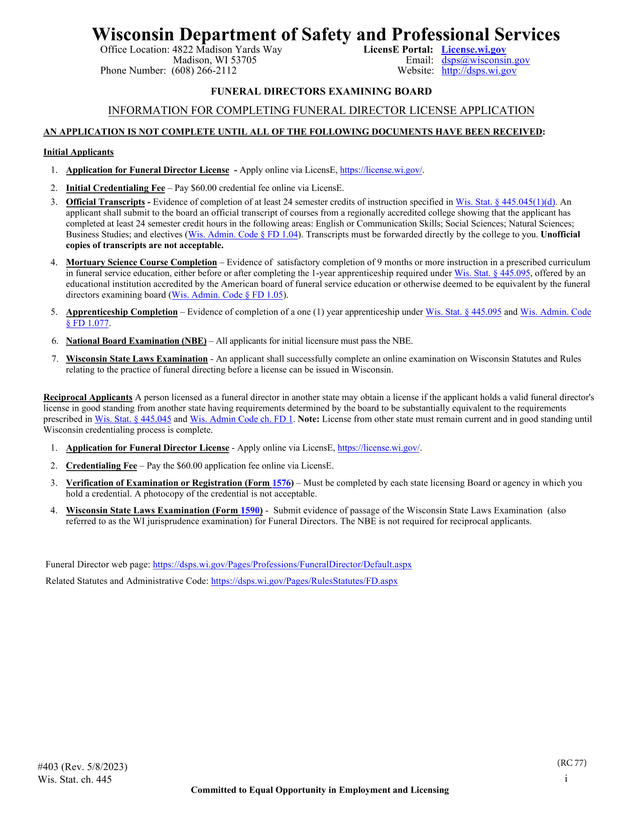 FUNERAL DIRECTORS EXAMINING BOARD   INFORMATION FOR COMPLETING FUNERAL DIRECTOR LICENSE APPLICATION screenshot
