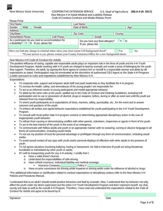 New Mexico 4 H Adult Medical And Liability Release Code Of Conduct Contract And Media Release Form screenshot