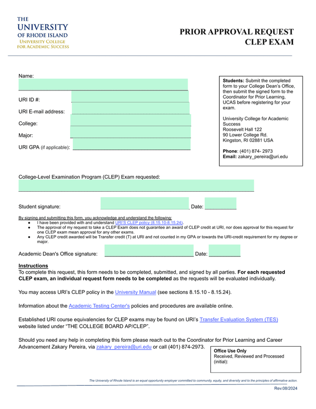 URI CLEP Exam Request Form screenshot