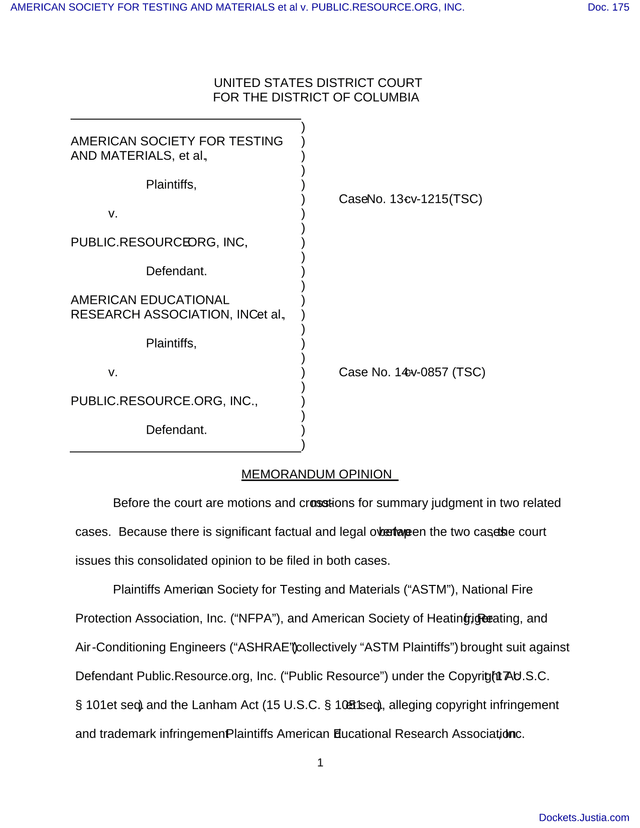 Memorandum Opinion ASTM Et Al. V. Public.Resource.Org, Inc. screenshot