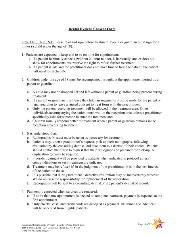 Dental Hygiene Consent Form screenshot