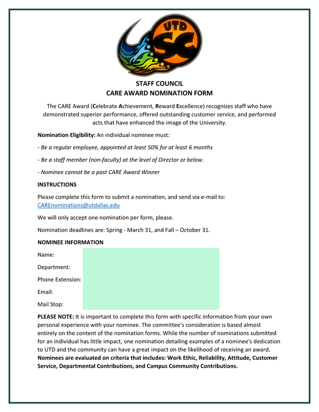 Staff Council CARE Award Nomination Form screenshot