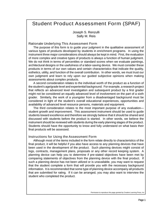 Student Product Assessment Form (SPAF) screenshot