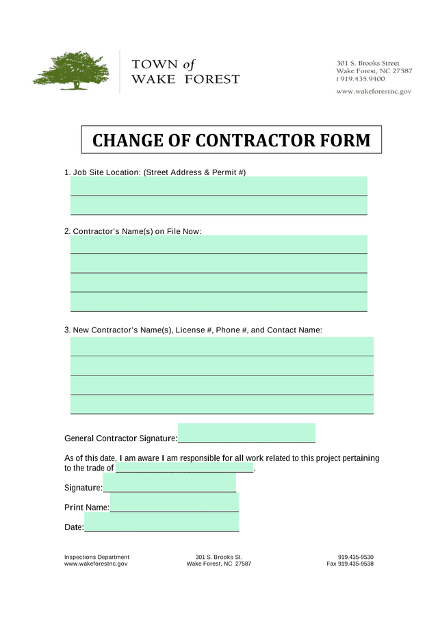 Change Of Contractor Form screenshot