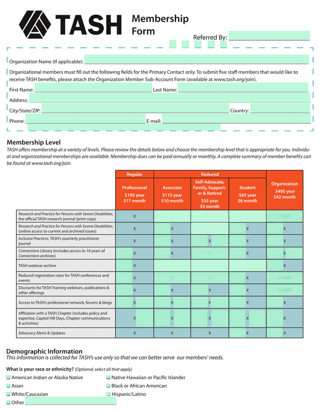 TASH Membership Form screenshot