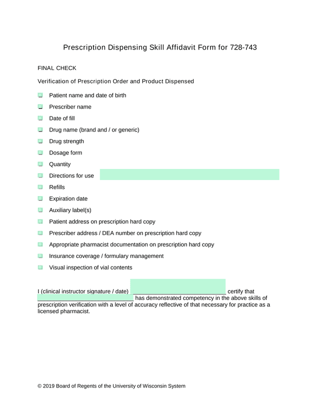 Prescription Dispensing Skill Affidavit Form For 728 743 screenshot