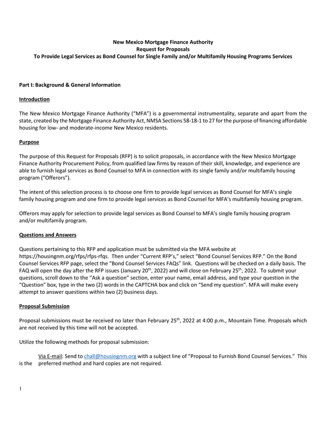 Request For Proposals To Provide Legal Services As Bond Counsel For Single Family AndOr Multifamily  screenshot