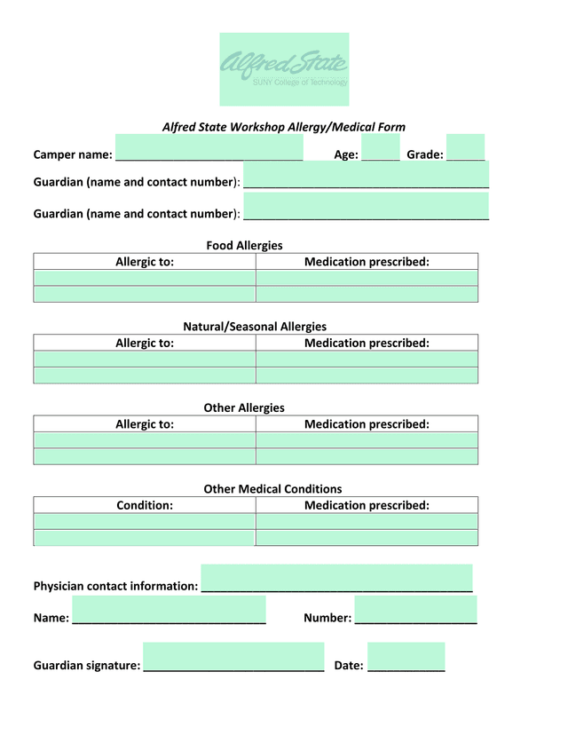 Alfred State Workshop AllergyMedical Form screenshot