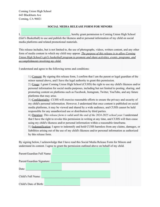 Social Media Release Form For Minors screenshot