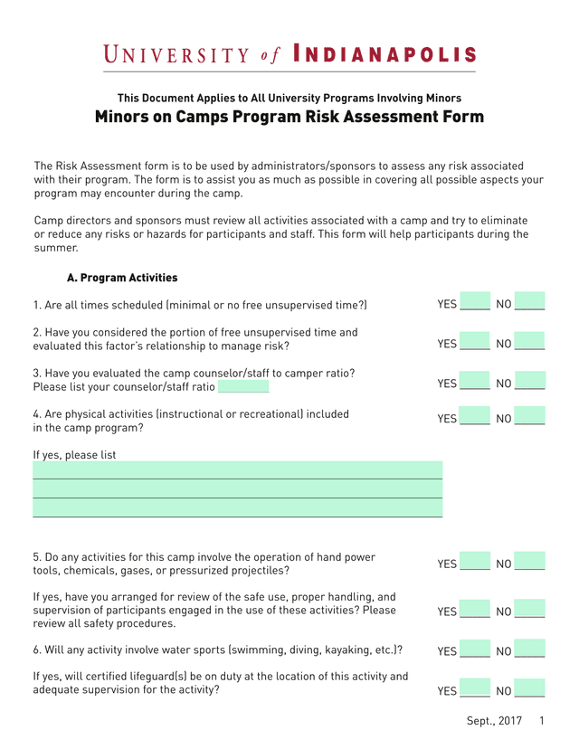 Minors On Camps Program Risk Assessment Form screenshot