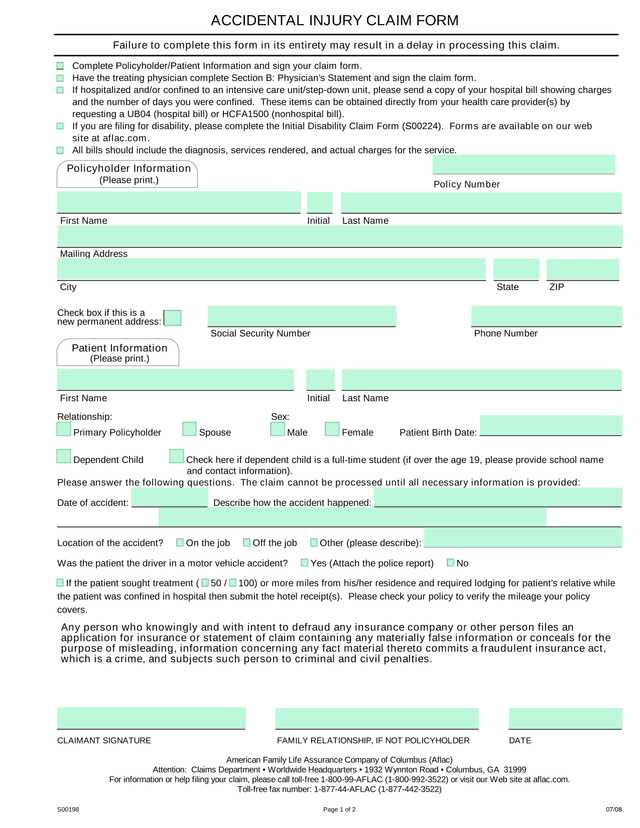 Accidental Injury Claim Form screenshot