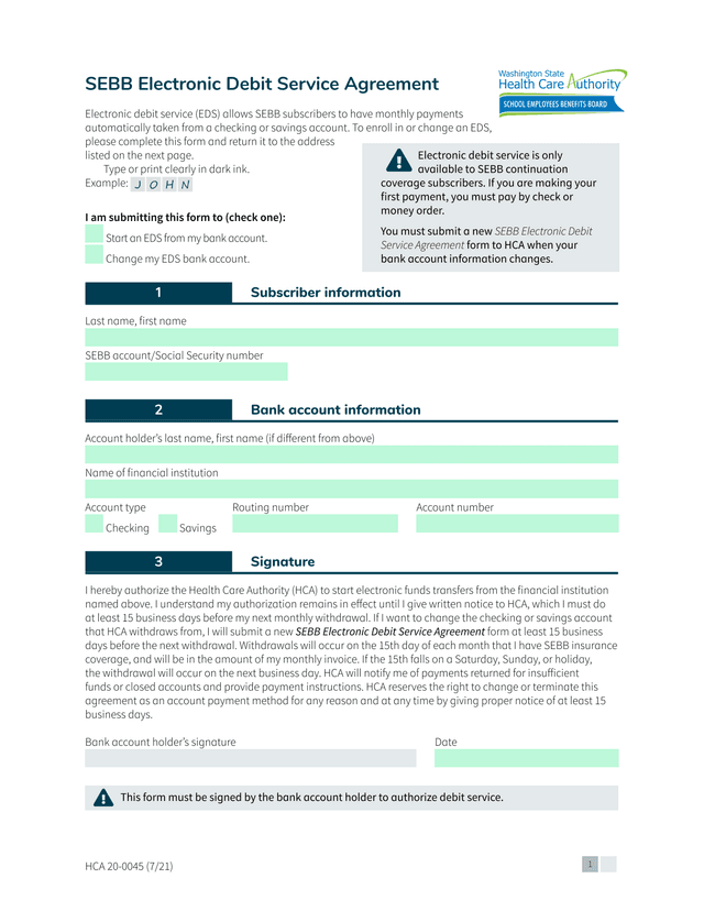 SEBB Electronic Debit Service Agreement screenshot