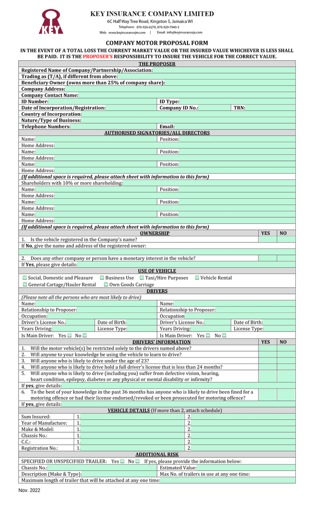 COMPANY MOTOR PROPOSAL FORM screenshot