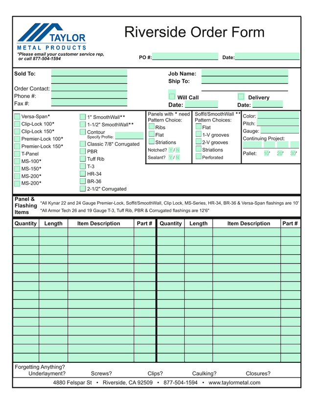 Riverside Order Form screenshot