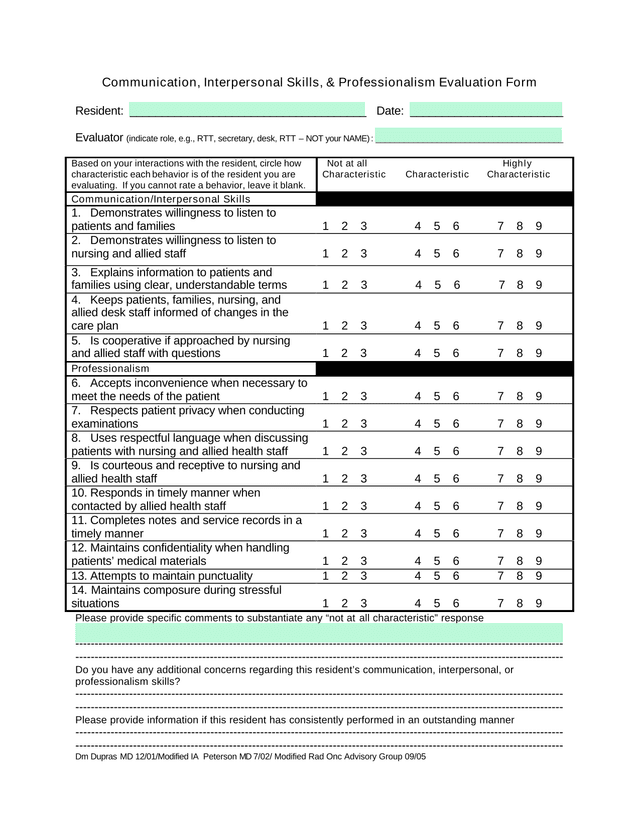 Communication, Interpersonal Skills,  Professionalism Evaluation Form screenshot