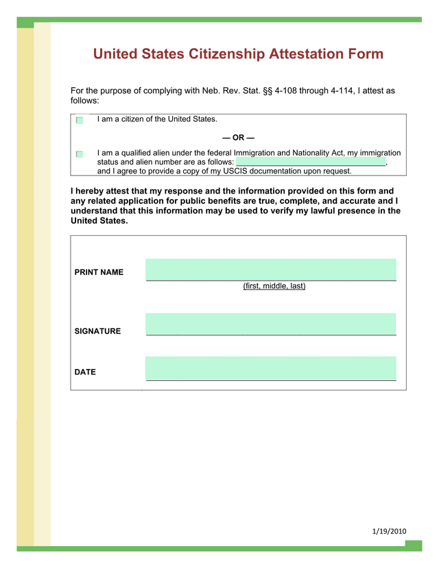 United States Citizenship Attestation Form screenshot