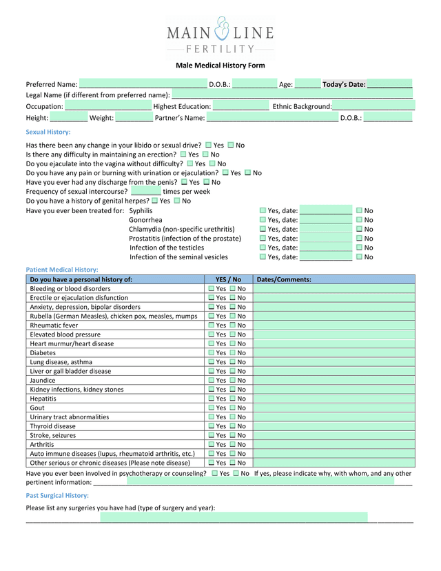 Male Medical History Form screenshot