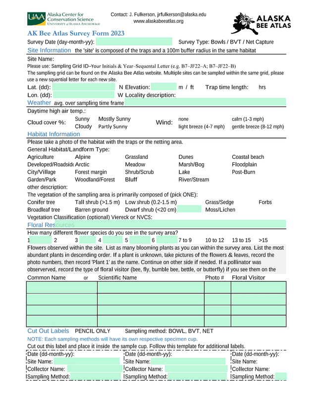 AK Bee Atlas Survey Form 2023 screenshot