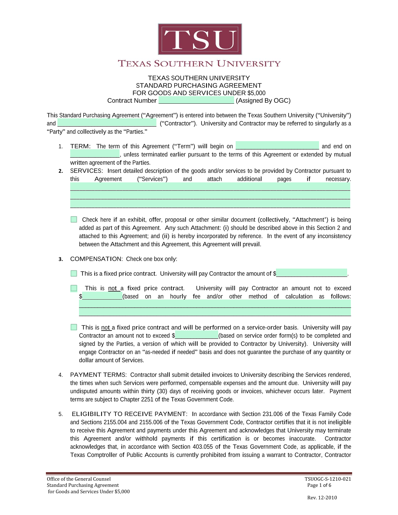 Texas Southern University Standard Purchasing Agreement For Goods And Services Under 5,000 screenshot