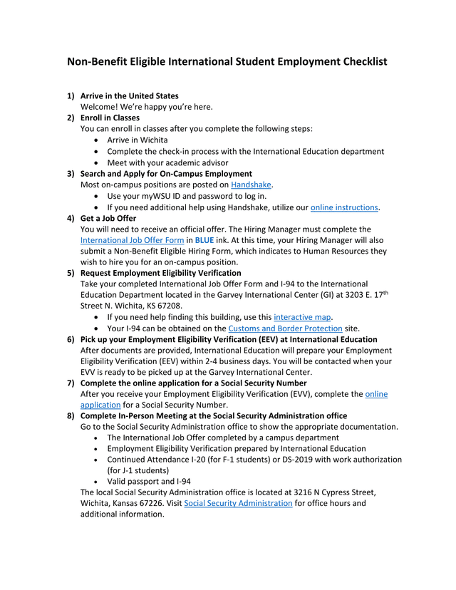 Non Benefit Eligible International Student Employment Checklist screenshot