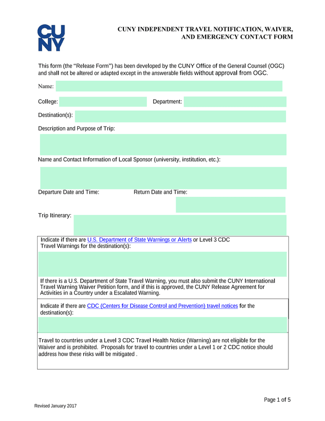 CUNY Independent Travel Notification, Waiver, And Emergency Contact Form screenshot