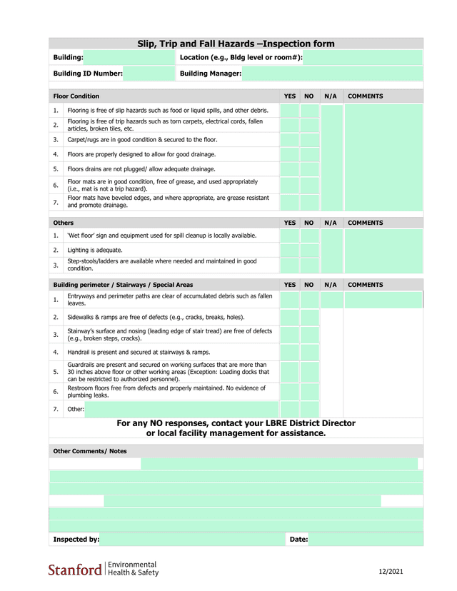 Slip, Trip And Fall Hazards Inspection Form screenshot