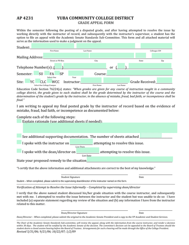 Grade Appeal Form screenshot