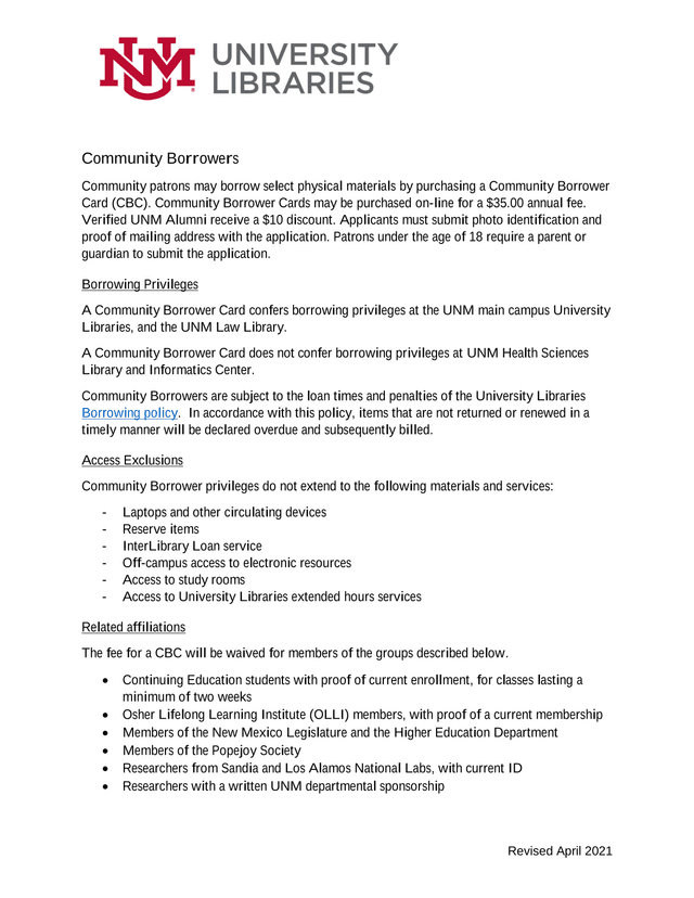Community Borrowers Card Policy screenshot