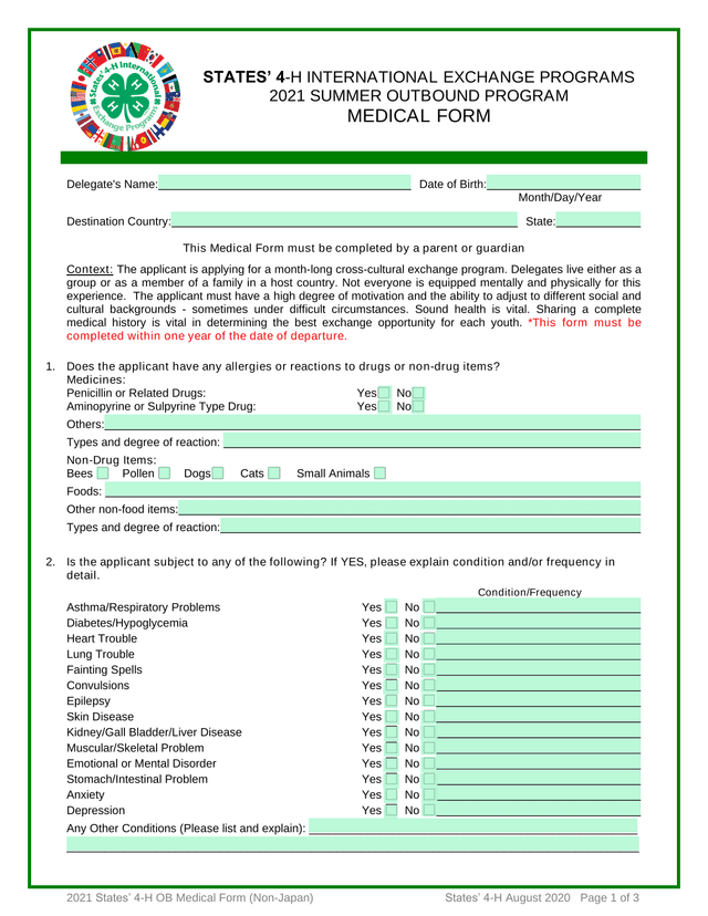 2021 States 4 H OB Medical Form (Non Japan) screenshot